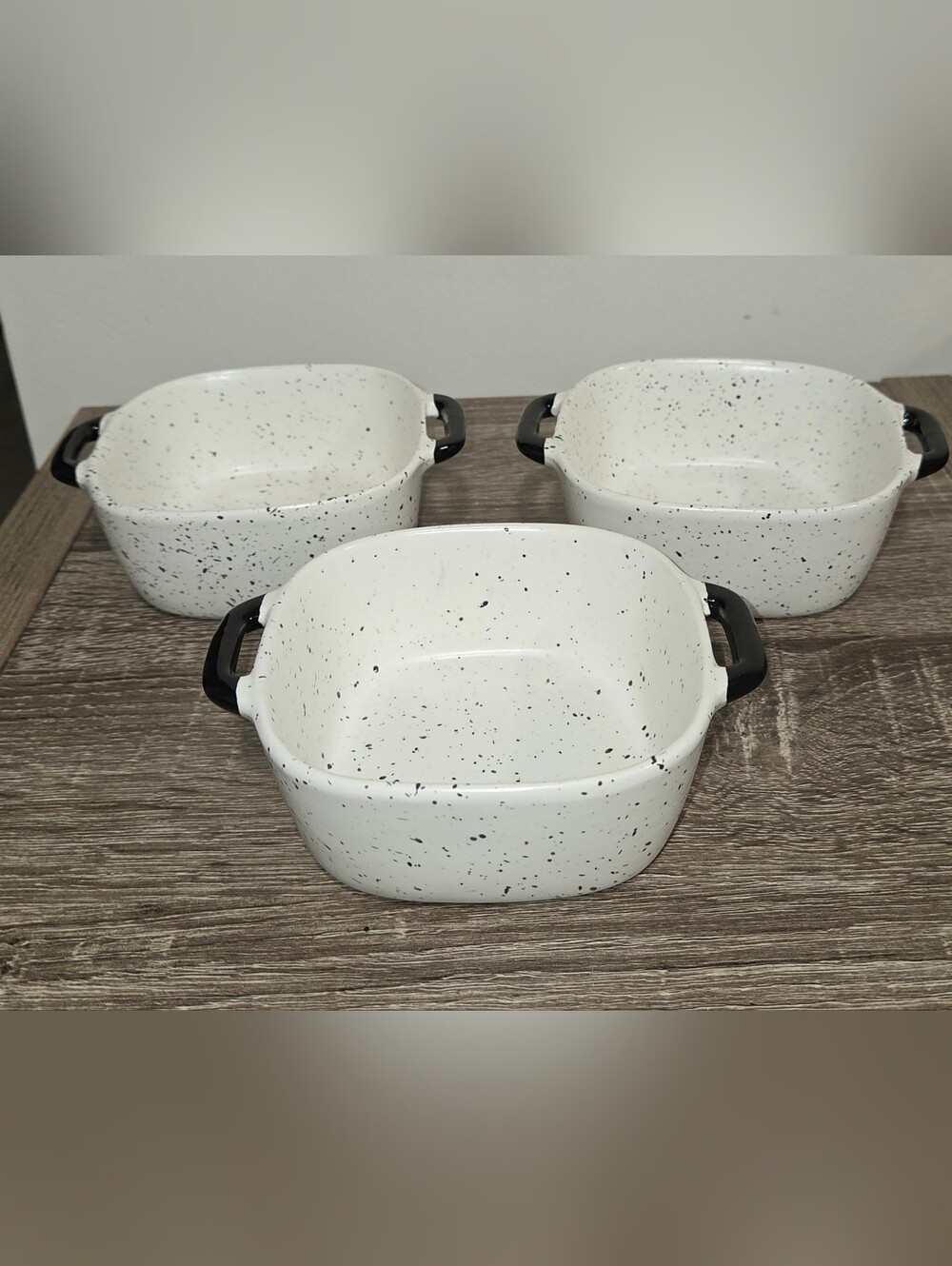 Lot of 3 Robert Stanley Oven Safe Ramekins Speckled White Black Square Dish.